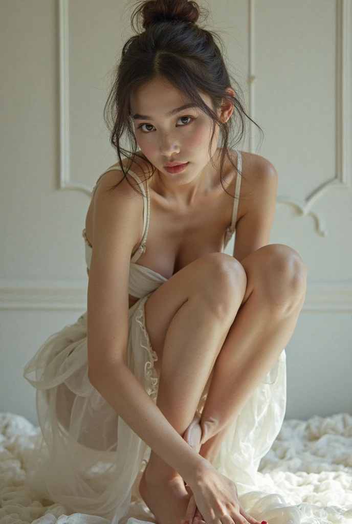 （tmasterpiece： 1.3）， （8K， realisticlying， RAW photos， best qualtiy： 1.4）， looks into camera，(High quality, Ultra-detailed, photo-realistic:1.37), 1 girl, 13-year-old girl, mixed race (Half Russian，Half of South Korea) A  High Bridge of nose, Beautiful detailed eyes, and delicate facial features. She has a bun hairstyle and a youthful appearance. She wears a white transparent tutu, Slim，Slim waist，long leges，Barefoot，Bare legged，sitting down on the floor，Hands on the ground，legs separated，one leg up，Face the lens，The setting is located in a spacious ballet studio，Natural sunlight is illuminated through large windows. On one side of the room, There is a large mirror，Embodying the elegance of the dancer. The lighting is soft, Highlight the girl's body movements.  Emphasize the elegance and beauty of ballet.