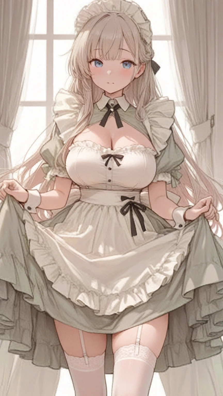 (masterpiece, highest quality), whole body, 1 female, alone, maid dress, Classic Maid,Standing picture,whole body,long,long hair,big breasts,Pause,Put your hands on your face,slouch,
