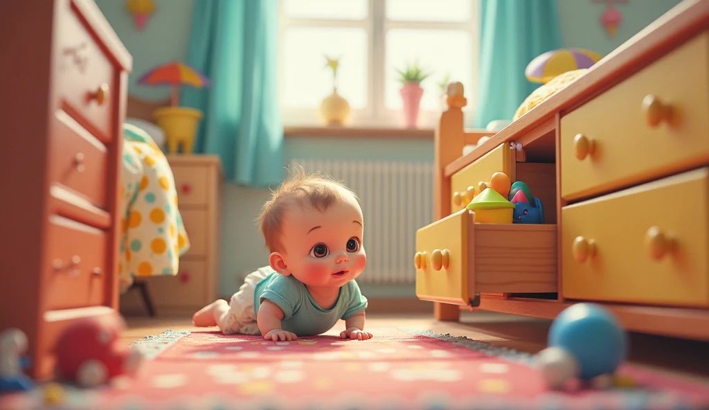 7 month old baby sitting on the floor watching tv with a sofa behind him
