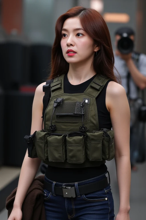 ((Best quality, 8k, Masterpiece :1.3)), beautiful north Korean female, wearing camoflage outfit, ghillie suit, mil.gloves, chest rig, military body armor, military helmet, realistic shadow, realistic 3d, photogenic,fit body, forest background, perfect scale, perfect arms and fingers, bright brown hair, short hair, high_resolution,weapon