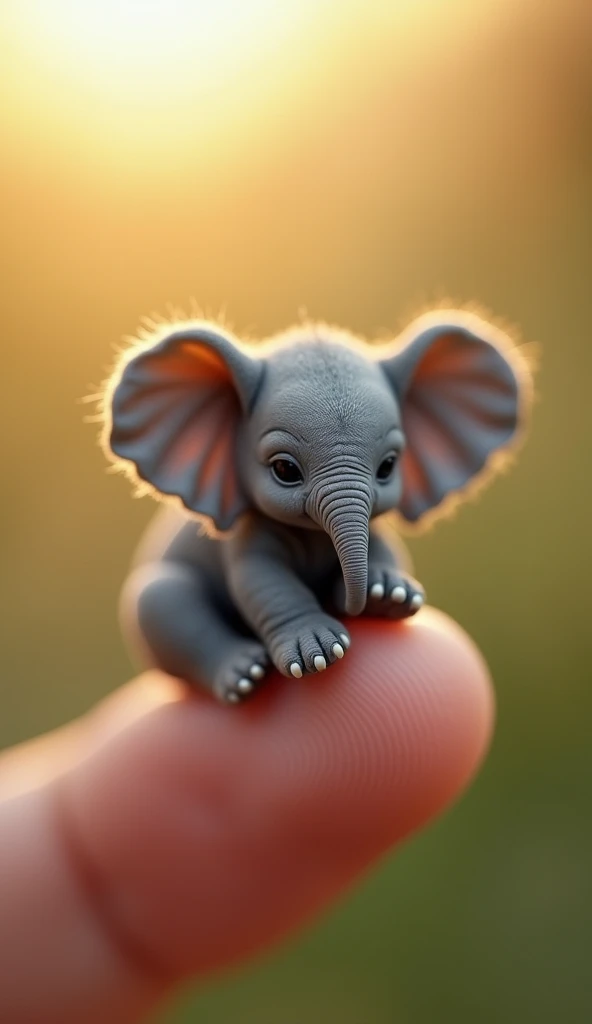 Photorealistic, 34k, A micro baby elephant perched on a human finger