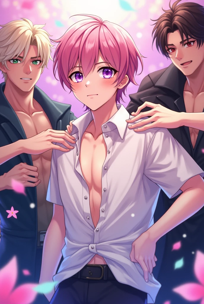 (2heads),1man, manly chest, short hair, purple buzz cut,pink Mohawk, conjoined dicephalus,1man,(masterpiece,high resolution,ultra - detailed:1.0),1(20 years old androgynous boy), skinny male body,Look at the camera,Delicate detailed eyes and delicate face,Extremely detailed CG,Unity 8k wallpaper,Complicated details,solo person,Detailed face, (wearing an oversized robe), (dreamy), (toned body with bulge) color difference, Depth of field,dramatic shadow,Ray tracing,Best quality, hands visible, ,(((big bulge)))