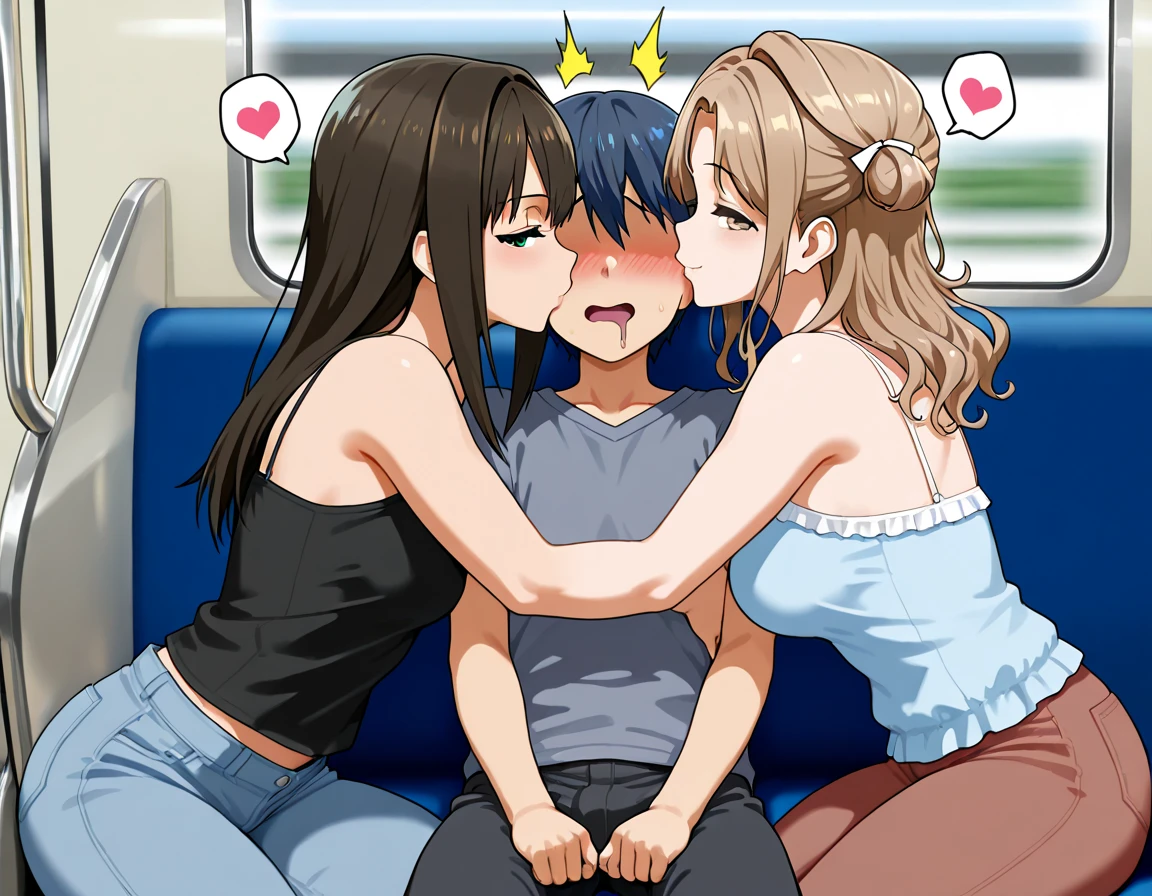 blue eyes, black hair, high res, happy and excited, group hug, penis penetrating pussy, tiny girl, sex not noticed by large crowd, the sex is blocked from view by everyone except the viewer, in the middle of a crowd, people in front of and behind girl, jeans with a hole at crotch