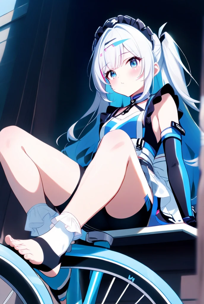 1girll,(blue hairs:2), long whitr hair,full bodyesbian,Jade foot,(Brown eyes:2),2 wings,Pointy ears,Arms behind your head, Long_Hair, Looking_at_peeping at the viewer, upper legs, the bow, abused, ropes, shackle,Red apple gag, shibari, Bound_Arms, shibari_polypubic hair_clothes,asuna yuuki,White and red cuirass,(Beautiful detailed eyes:1.6), Extremely detailed face, Perfect lighting, Extremely detailed CG, (Perfect hands, Perfect anatomy)