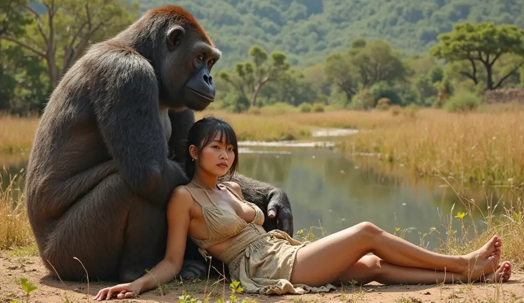 giant gorilla monster carries faint limp topless beautiful horny aroused leopard thong mature asian woman in his arms embrace sitting on his lap damsel in distress cuddling big breasts kissing nsfw
