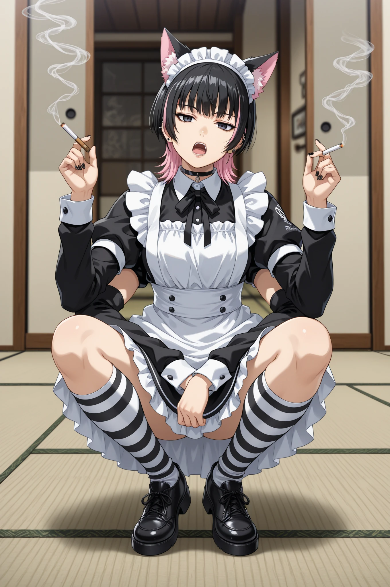 Anime, girl, cute girl, slave, maid, maid uniform, shoes, slave collar, shackles, cold, runny nose, nasal mucus, snot, snot from the nose, handkerchief, you need to sneeze, sneeze yourself, sneeze snot from your nose, desperately want sneeze, cover your nose with your right hand, urinary incontinence, peed, need to pee, pee yourself, pee, pee yourself, cry, really desperately want to pee, scat, diarrhea, crap yourself, need to poop, need to poop, poop in your panties, poop yourself, poop, sneeze, pee and pee yourself: 1.3), desire to sneeze, desire to pee, desire to poop tightly covering the perineum, knees together, feet apart: 1.6), (hand between legs, leaning forward: 1.3), (shaded face, despair, anxiety, sigh, full face flush, embarrassment, looking away: 1.5), (girl can't stand up straight: 1.5), full body, (ultra detailed face, best quality: 1.5), ( from the side), standing, living room, full height. Pee on the floor and pooped on the floor