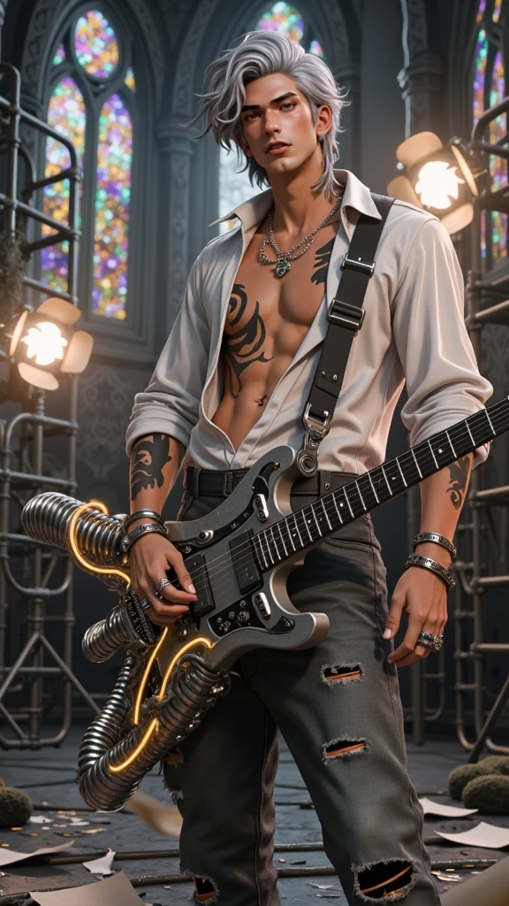 最high quality、best image quality、masterpiece、male((20-year-old、 By becoming、wide open breast tea、輝くeye, blonde、shortcut、Wristband、stubble、muscular、eye、sunglasses、full body tattoo、smile、have a guitar、guitar playing、barテンダーの衣装)),high quality、beautiful art、background((Tokyo,bar))、Flight、debris flies、Depth of written boundary、movie、visual art、perfect art、8k,genuine、