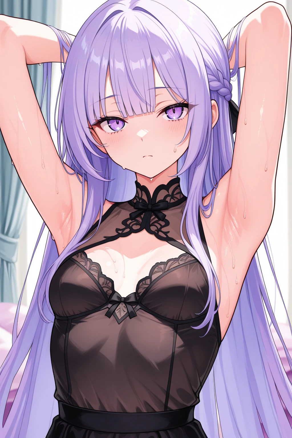 ((masterpiece)), ((best quality)), (ultra-detailed), ((kawaii)), cute, (lovely), ((sexy)), (ero), ((extremely detailed)), 4K, (8K), best quality, (beautiful), upper body, look down from above, Western style room, luxury bed, a pretty woman, solo, gothic lolita costume, beautiful purple hair, beautiful purple eyes, ((beautiful eyes)), long hair, transparent hair, translucent hair, large breast, light smile, ashamed, blush