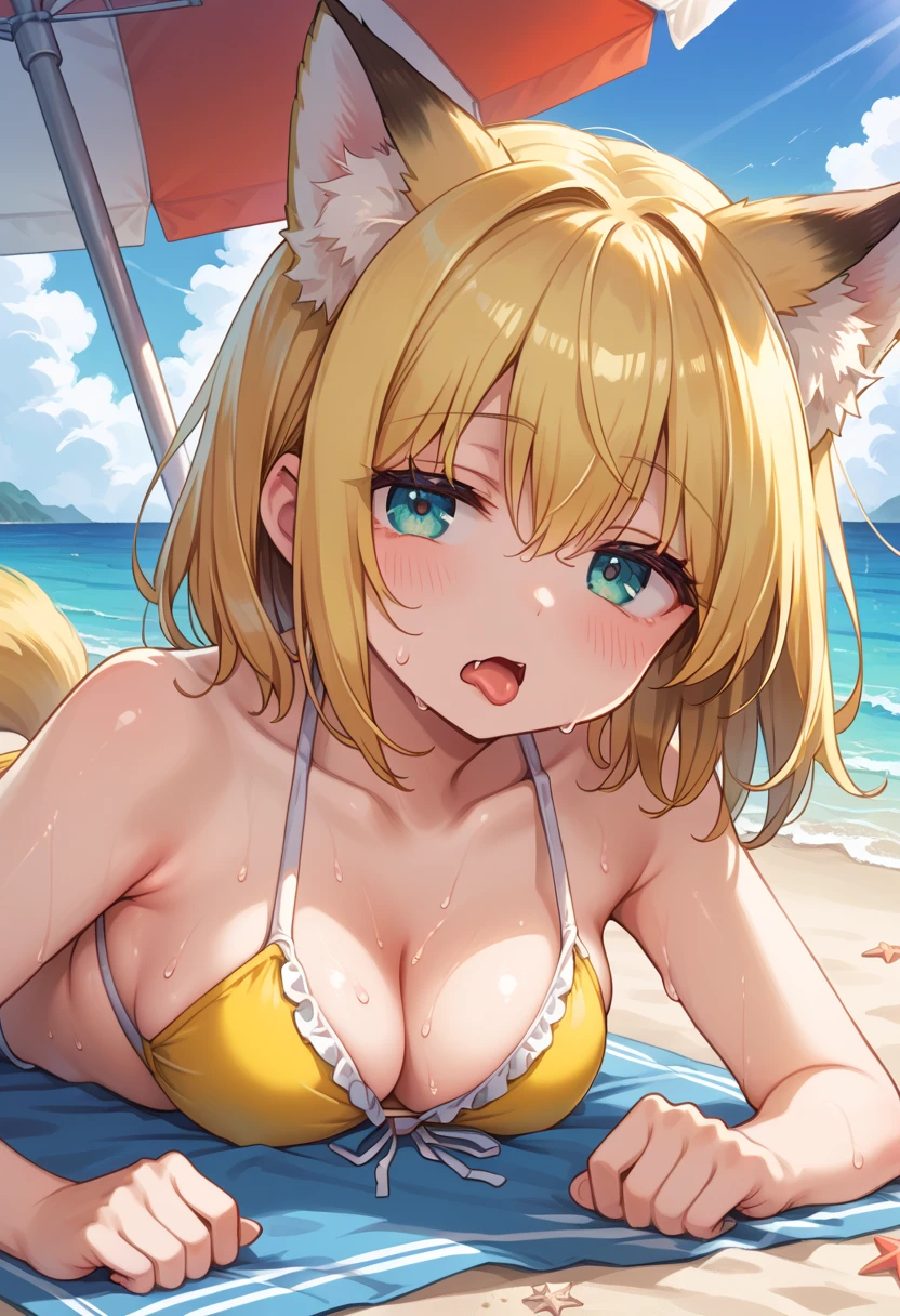 female up,Pool,Moonlit Night,Wet with water,Toned body,Blonde,Long Hair,Golden Eyes,,Fox ears,Fox tail,Fox Mask,Large Breasts