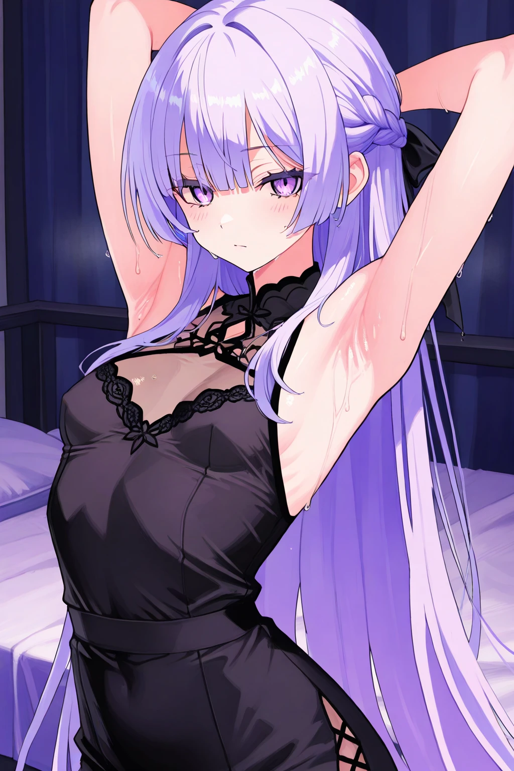 kyokokirigiri, <lora:kyokokirigiritest:1>, kyoko kirigiri, (braid:1.1), hair behind ear, long hair, (side braid:1.1), light purple hair, hair ribbon, ribbon, (purple eyes:1.1), (small breast:1.2),
BREAK lingerie,
BREAK indoors, bed,
BREAK looking at viewer,
BREAK <lora:GoodHands-vanilla:1>, (masterpiece:1.2), best quality, high resolution, unity 8k wallpaper, (illustration:0.8), (beautiful detailed eyes:1.6), extremely detailed face, perfect lighting, extremely detailed CG, (perfect hands, perfect anatomy),