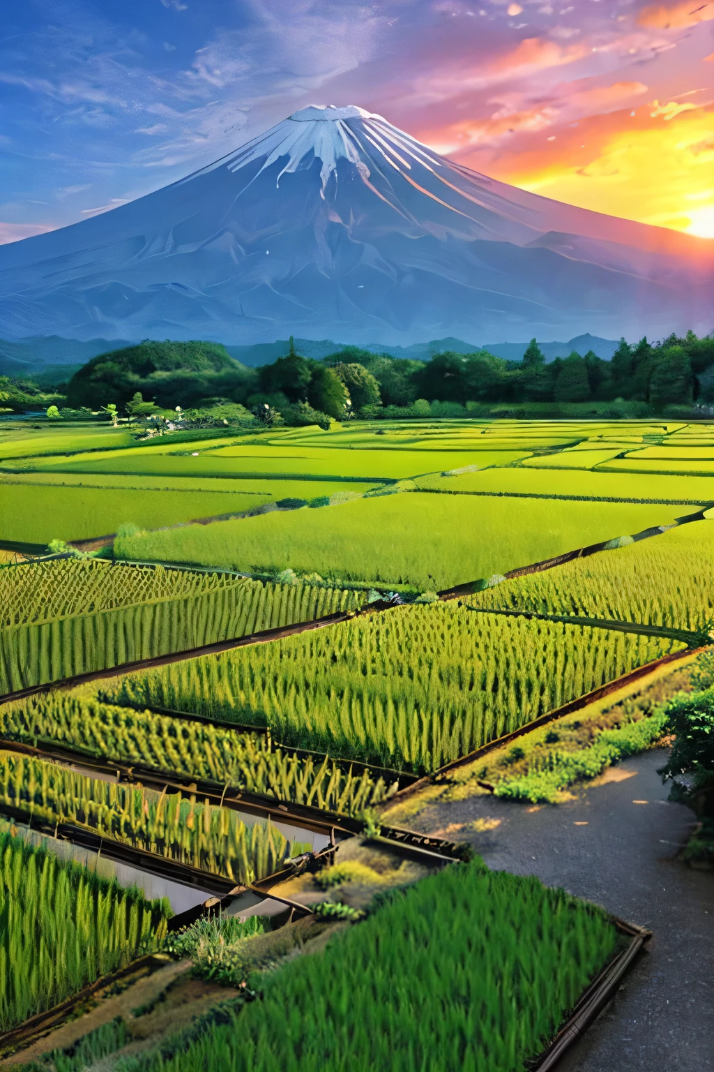 Rice field、Mt. Fuji、Sunset