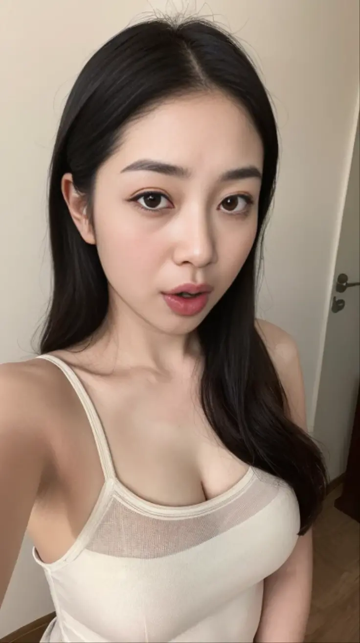 highest quality,masterpiece,Ultra-high resolution,(Realistic:1.4),Beautiful lighting, (Highly detailed CG Unity 8k wallpaper), Beautiful face in every detail,Detailed clothing, 50mm portrait photography, One Girl,Big black eyes, cute, young, Pause, Facial Lighting, Physically Based Rendering,Written boundary depth , Black Hair, Mole under the eye,(Serious face), ((Take from above)), Japanese women、20-year-old、camisole、(Big Breasts),Inside the room、Young and beautiful woman taking a selfie, Taken with iPhone camera,Open your mouth and stick out your tongue