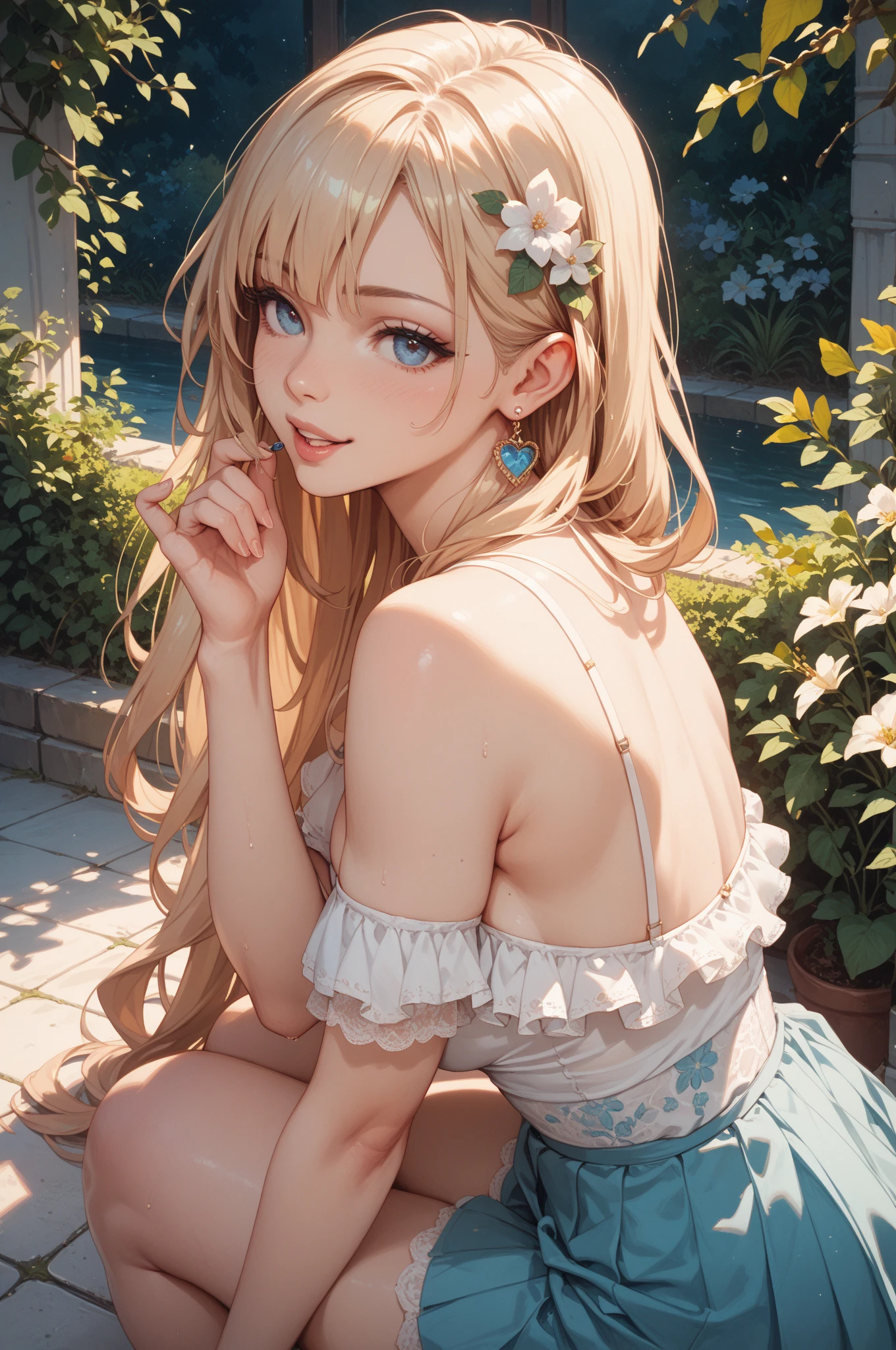 Very cute and beautiful girl wearing a white flower crown,White camisole、Pink mini skirt、knee up、sit、
(Very exquisite beautiful face and eyes:1.2),(Lavender Garden),stone path,Distant Sea,Beautiful summer sky,
(Mid Shot:1.15),Leg details,smile、Dynamic Angle,View your viewers,
(highest quality,masterpiece:1.2),(Intricate details),1 girl,alone,High resolution,Natural light,Hair blowing in the wind,