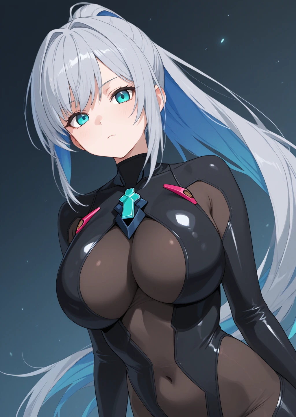 professional artwork, Intricate Details, field of view, sharp focus, detailed painting, photorealistic lighting, trending on pixiv, Standing at attention, sky blue bodysuit, tight bodysuit, ((huge breasts:1,3)), revealed skin, cleavage, black latex bodysuit zip half opened, tight bodysuit, shiny bodysuit, Beautiful body,Beautiful Nose,Beautiful character design, perfect eyes, perfect face, looking at viewer, NSFW,official art,extremely detailed CG unity 8k wallpaper, perfect lighting,Colorful, Bright_Front_face_Lighting, (masterpiece:1.0),(best_quality:1.0), ultra high res,4K,ultra-detailed, photography, 8K, HDR, highres, absurdres:1.2, Kodak portra 400, film grain, blurry background, bokeh:1.2, lens flare, (vibrant_color:1.2), shikkoku_yorihime, (seductive look, flirting, sexy), ((looking at viewer, front body pose))