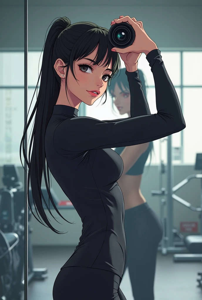 (masterpiece, best quality, realistic, realism, a girl in sportswear sitting in the gym,spread legs,looking at viewer, leggings, wide hips,sneakers,socks,wristband,tank top, ponytail, (sweating:1.1), sweat, detailed eyes, <lora:omarDoganStyleLORA_omardogan08v2:1>, highres, line-art, (traditional media:0.9), western comics (style), marker \(medium\), traditional media, by [Patrick Brown (/artist)/:0.6], (Dan DeCarlo:0.8), Phil Noto, [Horikoshi Kouhei:0.8], (flat shading:1.1), sharp focus, outline, soft lighting, sharp shadows, subsurface scattering, gym background, detailed background, grain:0.4,