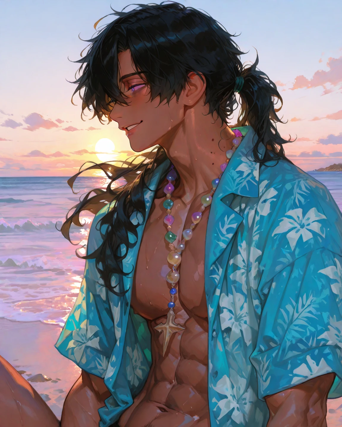 24-year-old masculine long burgundy with rainbow streak haired dreamy anime idol man, psychedelic futuristic swimming pool from another dimension on an city balcony, jawline, bathing suit, psychedelic tie die shorts, rainbow and clouds, bright burgundy sky, warm, random fruit floating in the pool water, random floating bowls of fruit, red water due to the underwater LED lights, bubbles, brown eyes, frutiger aero, strong, tall, no shirt, homoerotic, sexy, abs, pecs, biceps, V-line, cocky, sexual, big glutes, sexy smirk