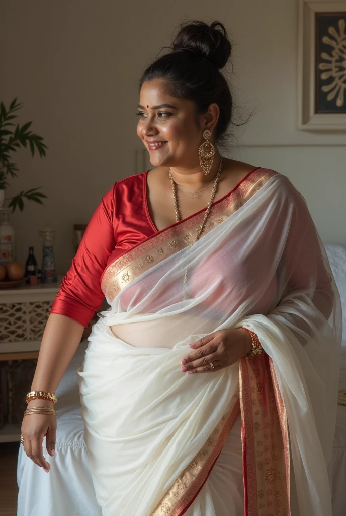 A radiant, full-figured plus sized South Indian 45 year old teacher wearing a transparent white colour silky saree standing hugging and kissing a 23 year old boy in a living room, , captured in a full-body image with vibrant hues and meticulous details. Full body image