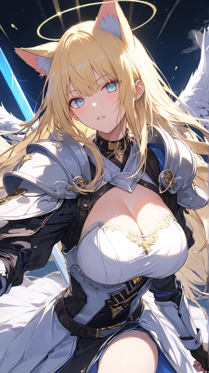 (angel:1),very long hair,(blonde hair:1.4),blue eyes,(streaked hair white hair:1.1),(huge breasts:1.2),(curvy:1.3),(slim:1),(fighting_stance:1.4),clear face,expressionless,{an extremely delicate and beautiful girl}, 8k wallpaper, {{{masterpiece}}},dagger
