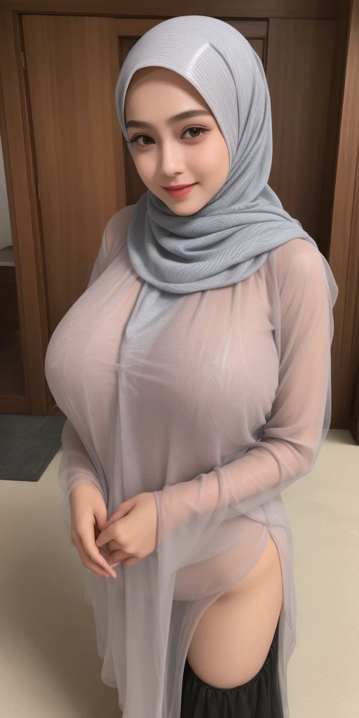 a 20 yo woman with slim body and big breast ,hijab,gray sweater,dark theme clothes, soothing tones, muted colors, high contrast, (natural skin texture, hyperrealism, soft light, sharp), simple background, The fabric traces the shape of the body, big breast (big size breast: 1.4) using full covered clothes , giant tits, big breast, bigger breast than torso, gigantic breast, gigantic tits, using gray sweater with black hijab, naked chest on sweater (showing breast with naked chest)