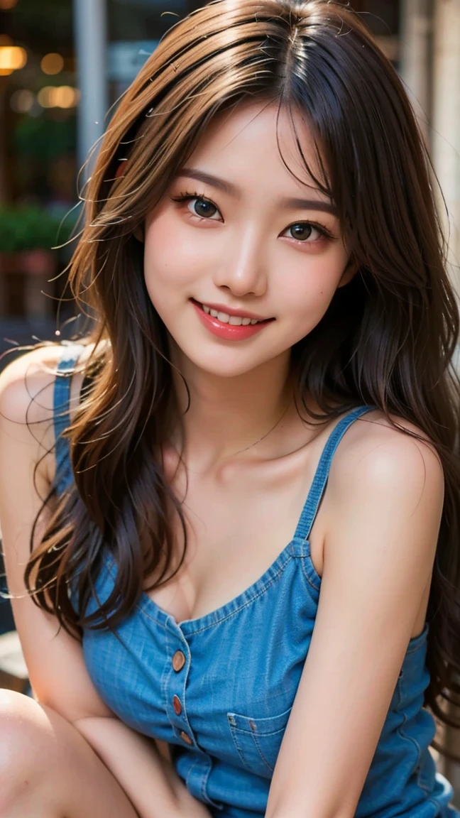 A very cute face like a 15-year-old idol　Smiling Kindly　((whole body))　No sleeve　Medium Bust　Cleavage　Stylish evening wine bar　Cinema lighting　Natural light　Artistic　RAW Photos　Genuine　High quality that is indistinguishable from real life　Real Stick　High resolution
