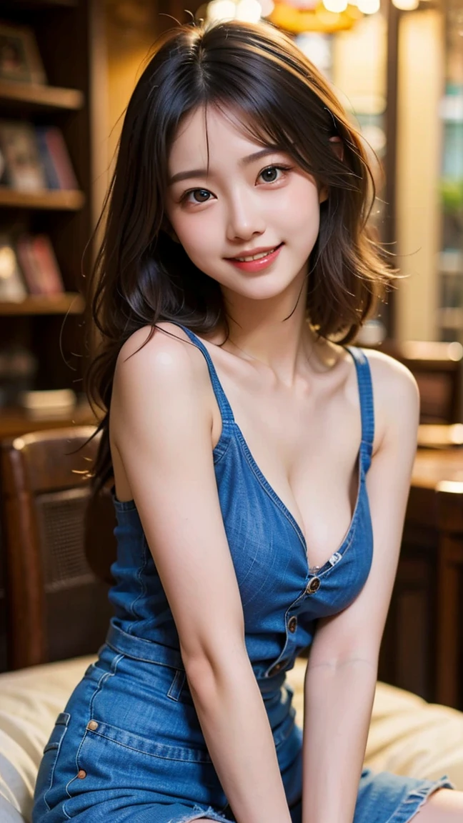 (RAW photo), (Realistic), (photo-realistic), ultra high resolution, masterpiece, highest quality, portrait, facial portrait, perfect lighting, detailed lighting, dramatic shadow, ray tracing, ((sharp focus:1.2)), 1 Japanese cute girl, Voluptuous, cleavage, plump body type, symmetrical eyes, beautiful detailed brown eyes, chubby lips, red lips, Super high resolution perfect beautiful teeth, big tits, constricted waist, , big ass, big thick thighs, long straight hair, black hair, earrings, half open mouth, smiling, looking at viewer, (Camisole:1.5), (denim mini skirt:1.2), revealing clothing, Japanese street,
