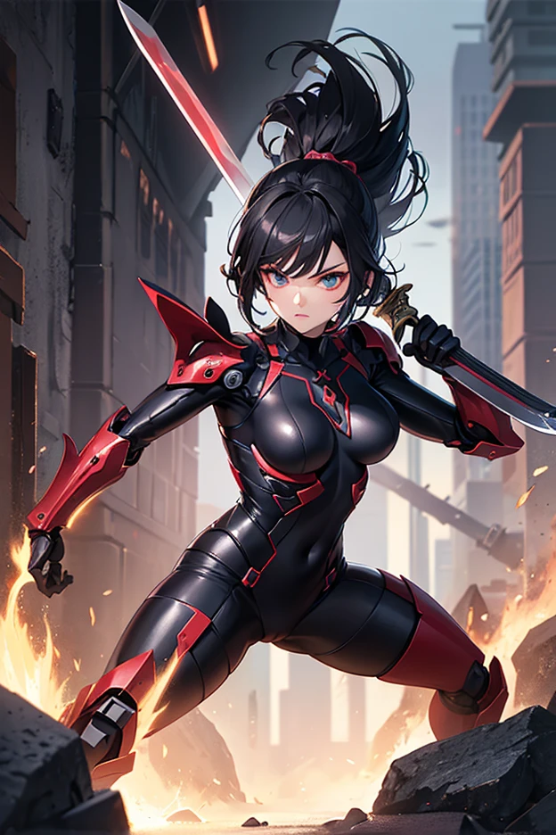 posable articulated figure of anime girl in black tactical suit, red eyes and straight black hair, using a weapon ready in pose to attack with a destroyed city in the background