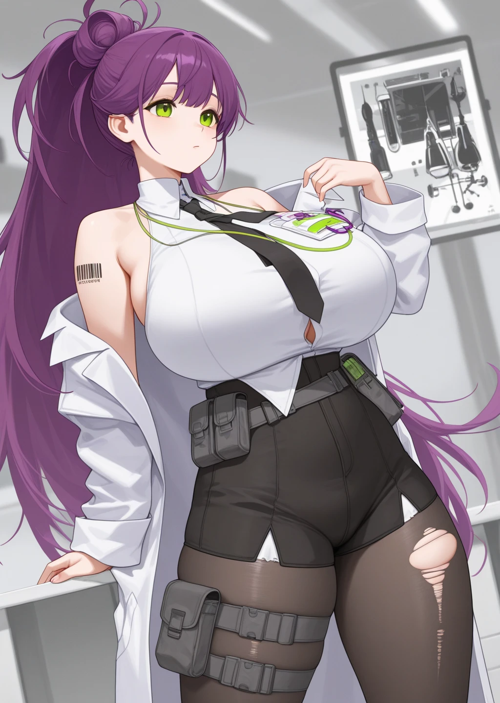 Masterpiece ,best quality , high resolution , ultra detail , colorful , soft light , mild light , sunlight , shinny , (perfect fingers , Detailed fingers, perfect hands) , (1 girl solo:1.38) , (Misato katsuragi) , (black eyes, ponytail , purple hair, medium_long_hair, make up, necklace, tall, slim body,) , (wear lab coat , white lab coat , inside wear  bikinin , navel , belly ,  thigh strap, head tilt) , (arms behind back . hands behind back) , (cleavage:1.15) , (big breast:1.13) , (indoor , in lab , in office , computer , table) , (standing cowboy shot) , ( full face blush , shy , smile , open mouth) , (face viewer , look at the viewer)
