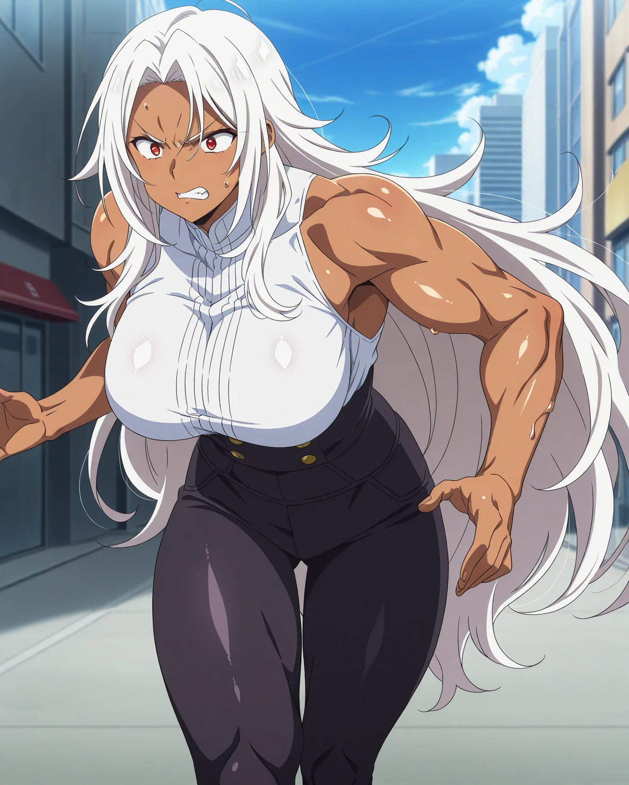 (masterpiece, best quality), intricate details, 1girl, Bridesmaid Muscular full body woman White hair White braid Motherly body smile Porcelain skin Red heels with feet together Long hair Hands on waist Navel Strong abs Direct look Perfect lighting Masterpiece High quality
