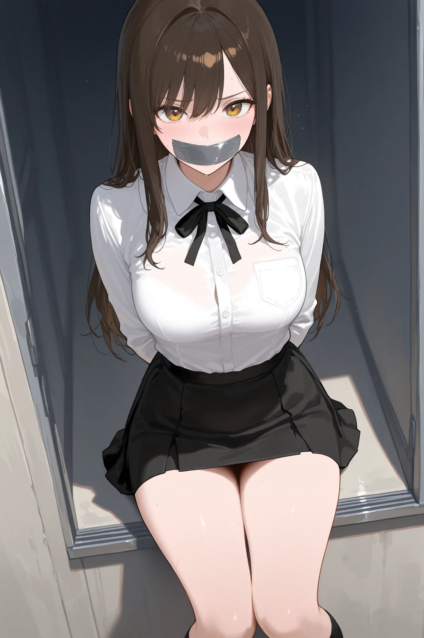 Highest quality, high resolution, 1 woman with long messy hair, detailed eyes, constricted pupils, ( form fitting unbuttoned shirt), pantless, skirtless, (black pantyhose) , (no shoe), wrinkled clothing, photo realistic, smooth, detailed face, beautiful, Insanely detailed, (taped mouth), tape gag, gag, gagged, ankles taped, mouth taped, arms bound behind back, elbows taped, wrists taped, taped legs, taped arms, knees taped, frightened, pleading eyes, desperate escape attempt, crying, fearful, award wining, masterpiece, super detail, detailed background, anatomically correct, best quality, 16k, messy hair, tears, foot focus, detailed pantyhose, detailed fabric, cleavage, thighs, pantyshot