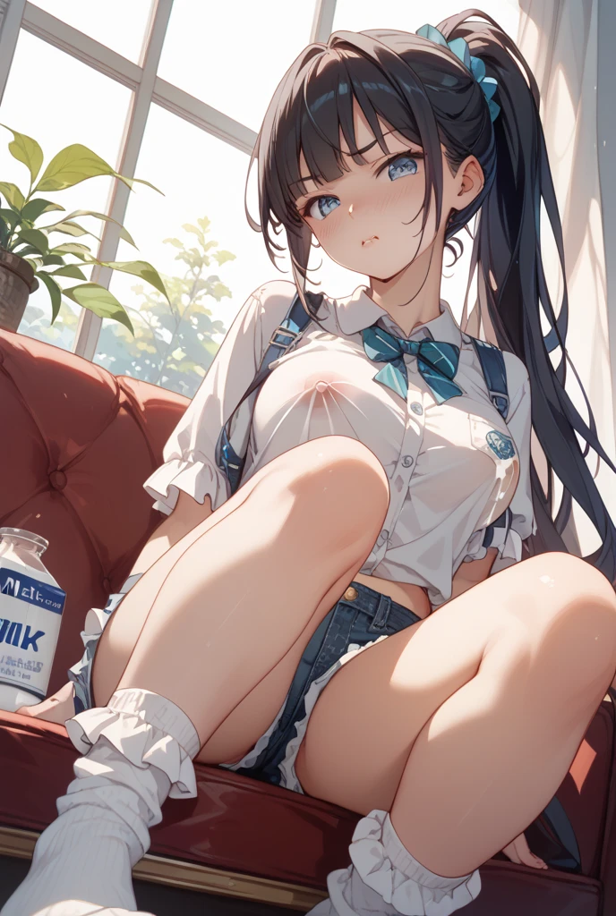 (((masterpiece, Highest quality:1.5,absurdres))),nsfw,30 year old beauty,(dark blue hair),((very small head:1.2)),long hair,bangs,dark blue eyes,gorgeous eyes,blush、in heat,medium breasts,((very long body:1.3)),((toned body,slender body)),skinny,((tan skin:1.2)),gleaming skin,shiny skin,sweat,((White turtleneck knitwear、Long sleeve、Underboob、navel、Beige shorts、Wet crotch),White sneakers、sitting,spread legs:1.2,Black sofa、Coffee shop、Tokyo、