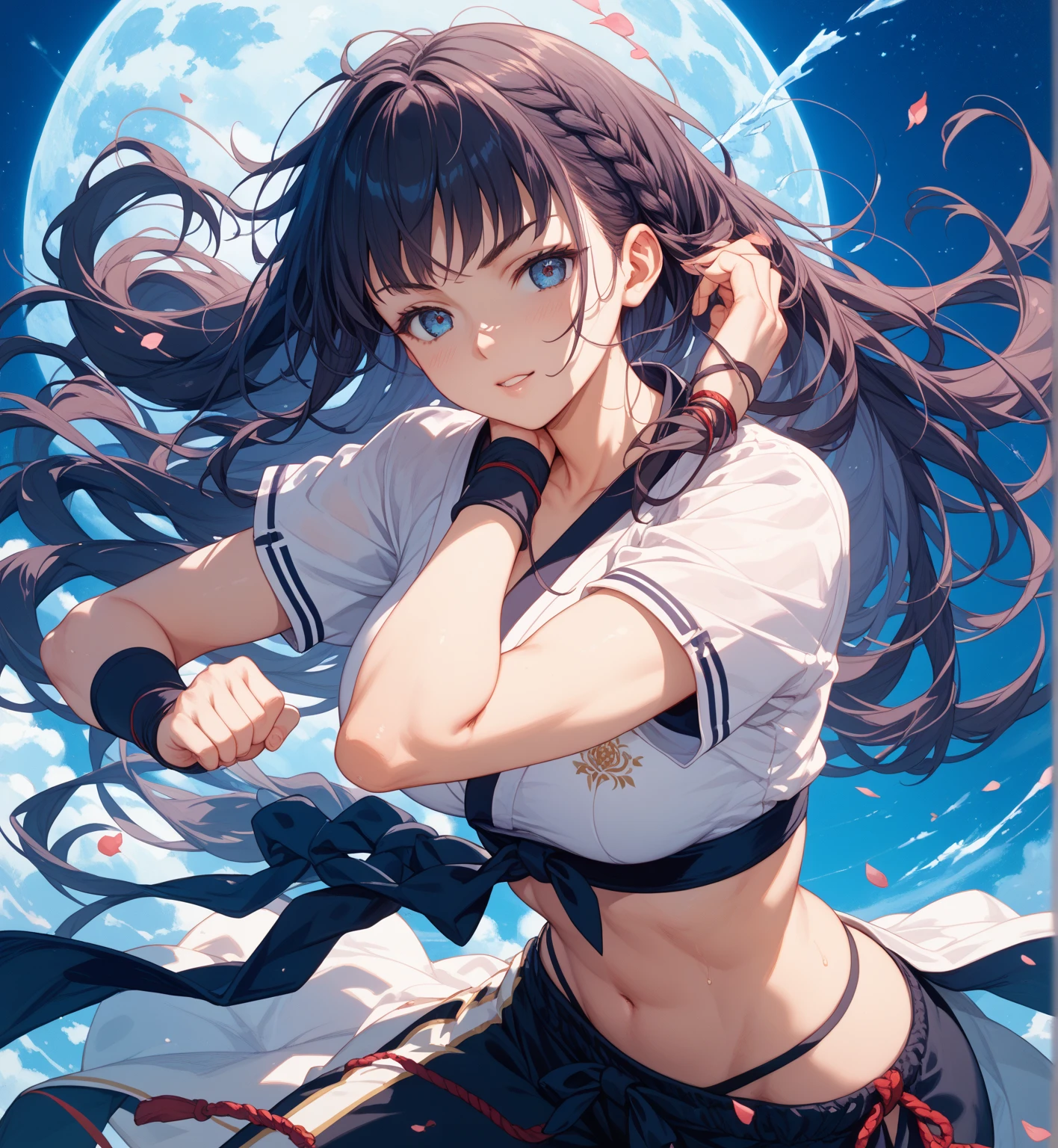 (anime ,2D) Women, soccer player , average height ,clear skin,thin face ,blue eyes,black hair , waist length ,fringe ,collected in a ponytail,Skinny body,big breasts,small waist, France national team uniform, In a soccer field ,kicking a ball with a super technique,with a warrior spirit.