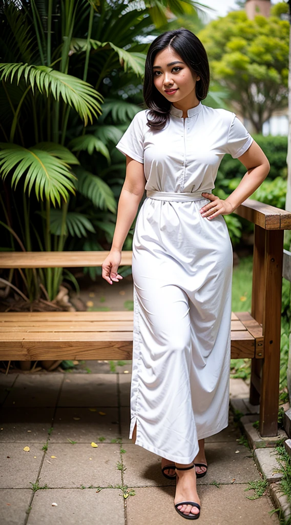 ((best quality)), ((masterpiece)), ((realistic)), 30-year-old, Japanese woman, short woman, cute face, mesmerizing blue eyes, extremely detailed, natural skin tone, skin with pores, slim abs, thick thighs, wide waist, enormous hips, wearing white Plizcated Suit Maxi Dress, portrait, fitted dress, body fit dress, full body shot, slim body, wearing pink shoes, side view, walking in park, shallow depth of field