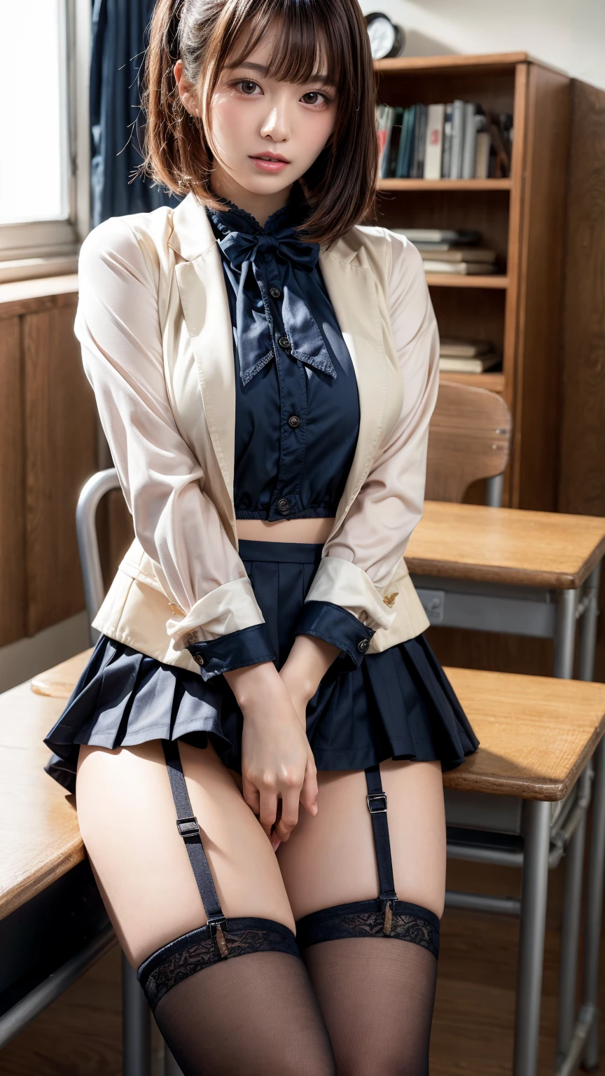 （8k、Raw photo、highest quality、masterpiece：1.2),(Spread your legs wide,Legs wide open),(Very Short Hair:1.5),Staring at the audience,Viewed from the front,(Baby Face),White skin,(White panties),Absurd,masterpiece,highest quality、超A high resolution,Len,one person, solo,whole body,high school girl,Japanese women、（Photorealistic：1.37）、Photon Mapping,Realistic、(Cute face、round face: 1.5)、Attractive face、(Red bow tie)、Radio City、物理ベースLenダリング、prospect、Depth of written boundary、Blurred Background、picture,Beautiful feet, Nose Soft,(Light blue shirt), (Navy, blue and white checkered pleated skirt), I can see your knees,Cleanse your thighs,Nogizaka Idol, 、Big ample breasts、(Cute Smile: 1.5)，whole body写真、Roll up the skirt yourself、Super Definition、School classroom、Sit on the desk and spread your legs、(Bright pink fishnet stockings:1.3)