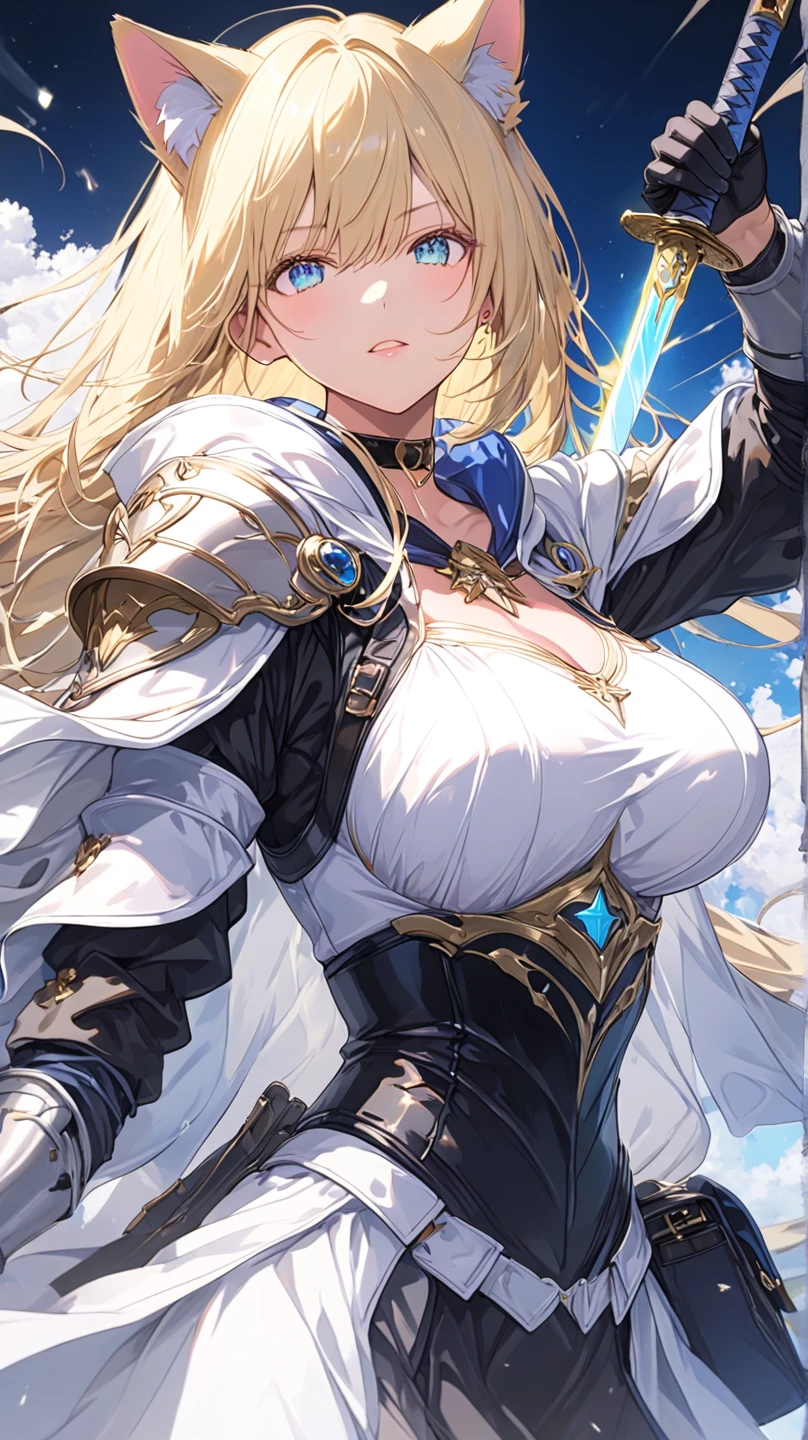 a beauty girl，cabellos largos dorados，blonde with blue eyes，Wear gorgeous armor，(Silver armor)，Armor，(holding a long spear)，Huge spears，Shoulder pads，Armour，chest plate，Combat skirt，Leg nails，(royal knights)，(huge tit), exposed belly