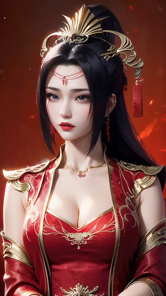 masterpiece, best quality, ultra-detailed, absurdres, 1girl, yellow eyes, black hair, long hair, floating hair, detailed eyes, wide-eyed, eyelashes, looking at viewer, torii, red theme, kimono, walking, particles