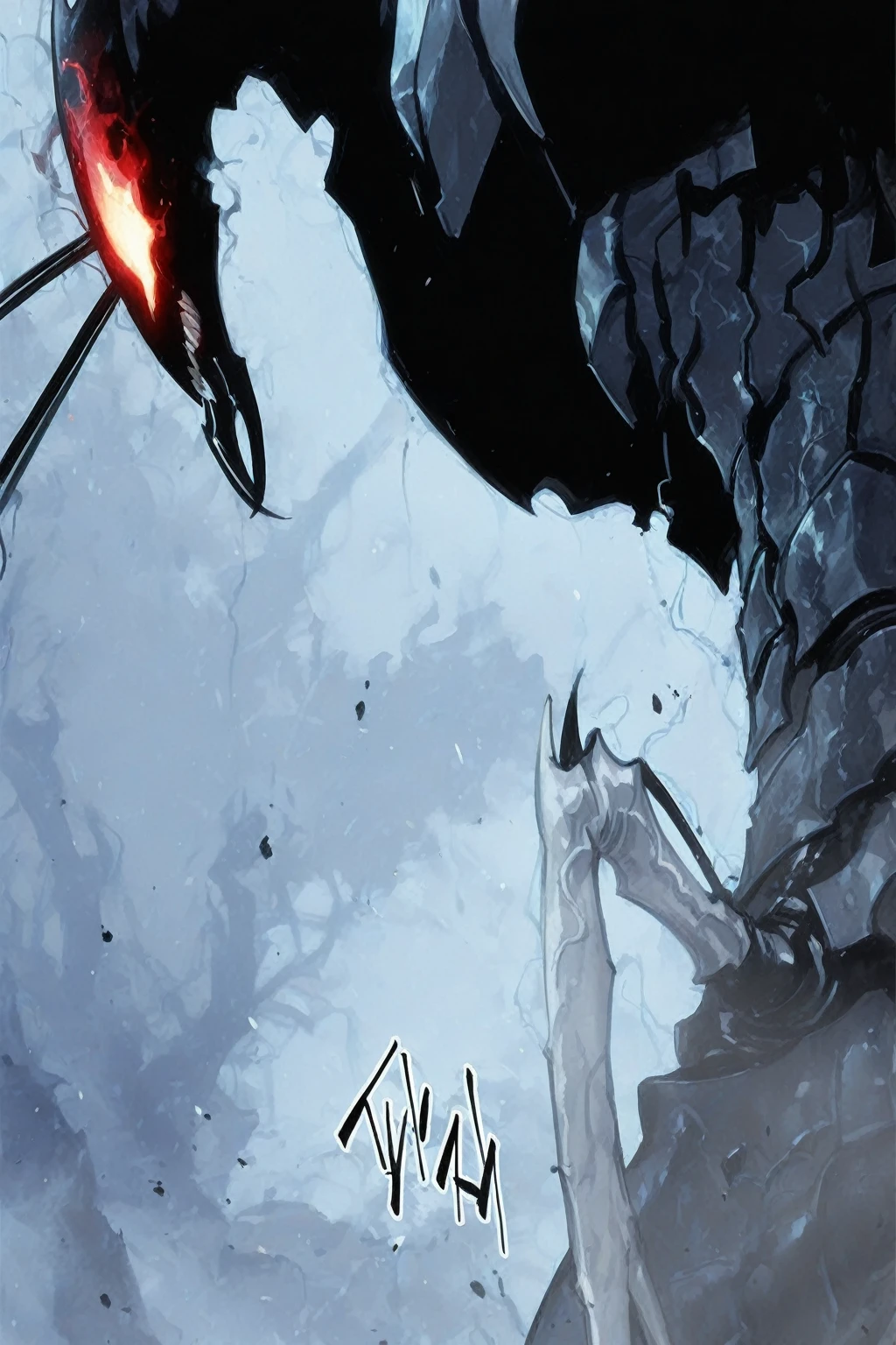Make this demon have two swords and let the power emanate from the mask and let him have a blue and white katana and the other like Yone&#39;s sword, red and black.