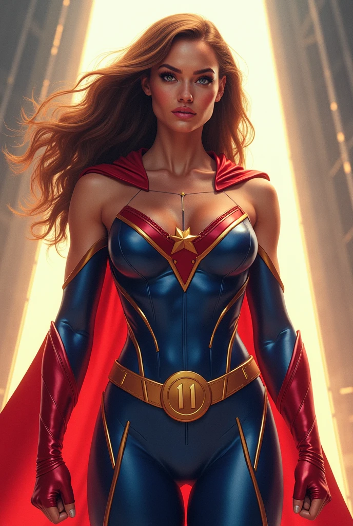 ((best quality)), ((masterpiece)), ((ultra realistic)), (dynamic twirling pose), american, beautiful detailed face, detailed eyes, sexy reporter, dressed in a red leotard, highly detailed, professional, bare legs, (full body), standing, brown hair, medium hair, green eyes, matching boots, long sleeves, yellow hawk-shaped crest engraved on chest, blue cape, cowboy shot, spinning into a tornado, super speed, time travel,