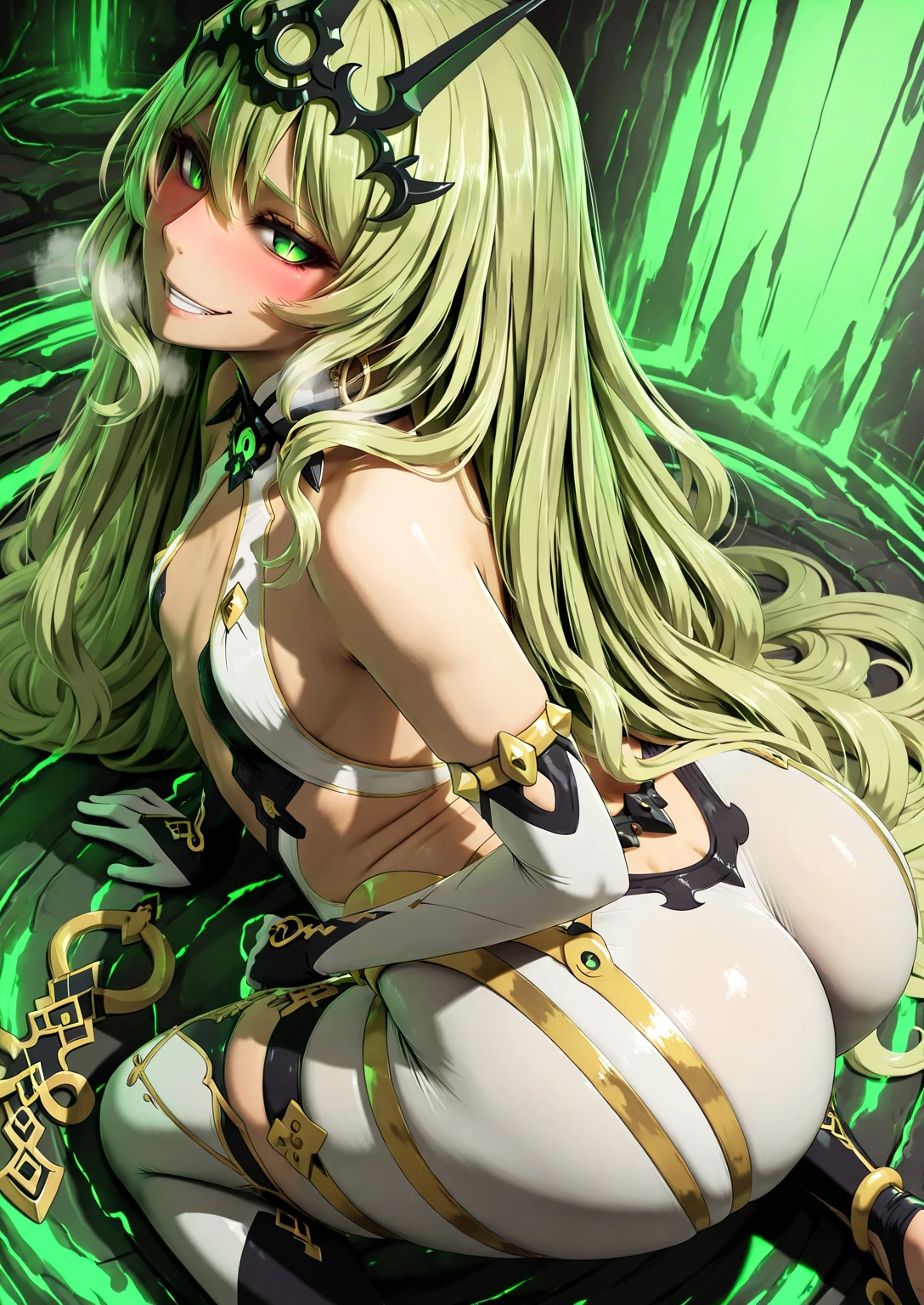 (masterpiece, top quality, best quality, official art, beautiful and aesthetic:1.2), Lovecraftian goddess, black medium hair, emerald green eyes, mysterious smile, ancient deep green and black robe, arms wide open drawing ancient symbols, in the deep sea, front view, looking afar, average chest size, full body, deep dark background,