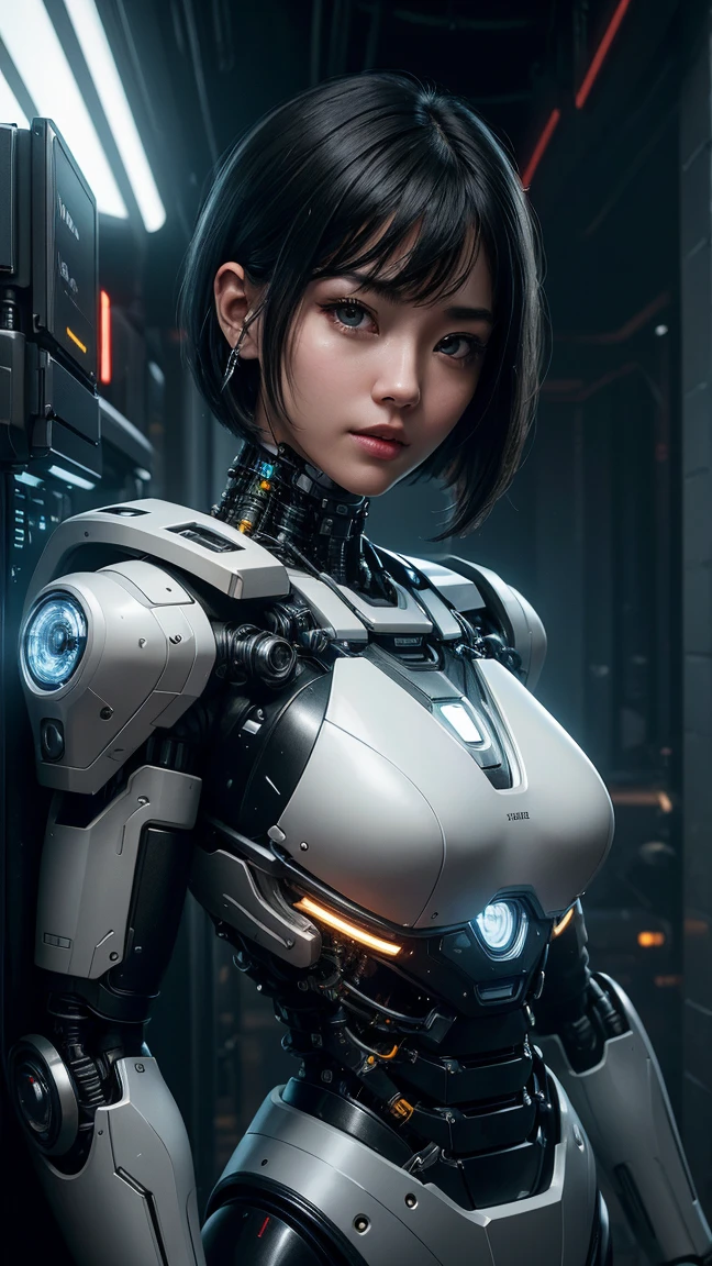 Close up of beautiful woman standing in front of city, Highly detailed official illustrations, lopi girl, Digital Cyberpunk - Art, digital cyberpunk art, Robot mixed with organic matter,