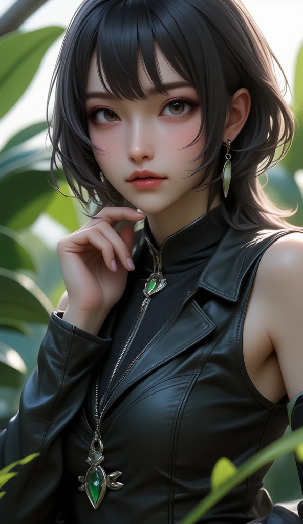 A beautiful girl with black short hair and purple eyes, se encuentra en medio de un frondoso bosque. The golden light of the sun pierces the treetops, creando un juego de sombras y destellos que iluminan su figura. She wears a short leather skirt with pleats that highlights her bold and energetic personality, sus ojos son purpura brillante.