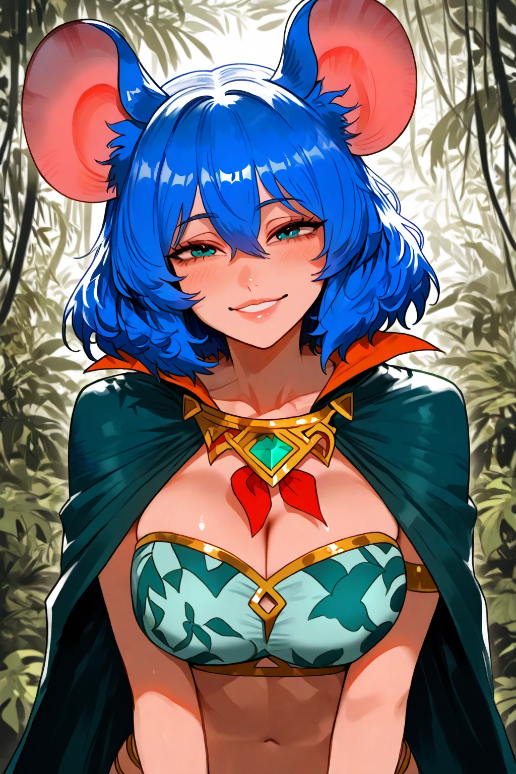 beautiful, masterpiece, Highest quality, Detailed Images, colorful, Vibrant colors, (outside, nature, Dense forest, log), alone, Detailed face, Perfect lighting, Perfect Shadow, Perfect Eyes, Girl Focus, Perfect Hair, blue eyes, Perfect Face, Gorgeous body, Hourglass-shaped body, Shiny body, One girl, alone, Bare shoulders, Upper Body, The body was cut off, short hair, Open your mouth, Very large breasts, Saggy tits, Animal ears, jewelry, Green Eyes, Blue Hair, clavicle, hair band, Cleavage, tattoo, necklace, Fox Ears, Fox Girl, gem, Furry, Circlet, Furry female, Body hair, White fur, Animal Nose, yellow hair band, Nose first, Two-tone fur, Yellow choker, Blue fur, White loin cloth, Golden Good, Ending, Big Tits, Sagging breasts, Chest bigger than head
(((Cowboy Shot, Fascinating, Smiling fox)))