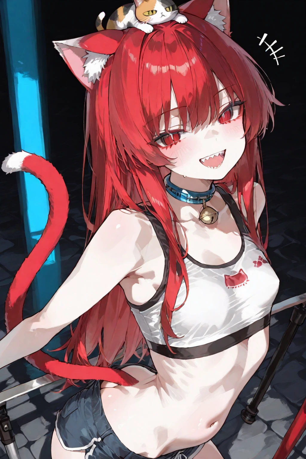 ((master masterpiece))、(((The Highest Quality))、An illustration、One Girl、Hair color、bangs、Hairstyle Fax、eye、Environmental Change Scene、Portrait from the waist up、Pose Jitai、Ladies、Cat Ear、Red hair、Red eyes、slong hair、Extremely small-sized breasts、MICROBIKINI、Slingshot Pants、Underwear with lace decorations、Upright posture、Torn Clothes、smilling face、Emphasize the chest with your hands、(simplebackground、white  background:1.3)