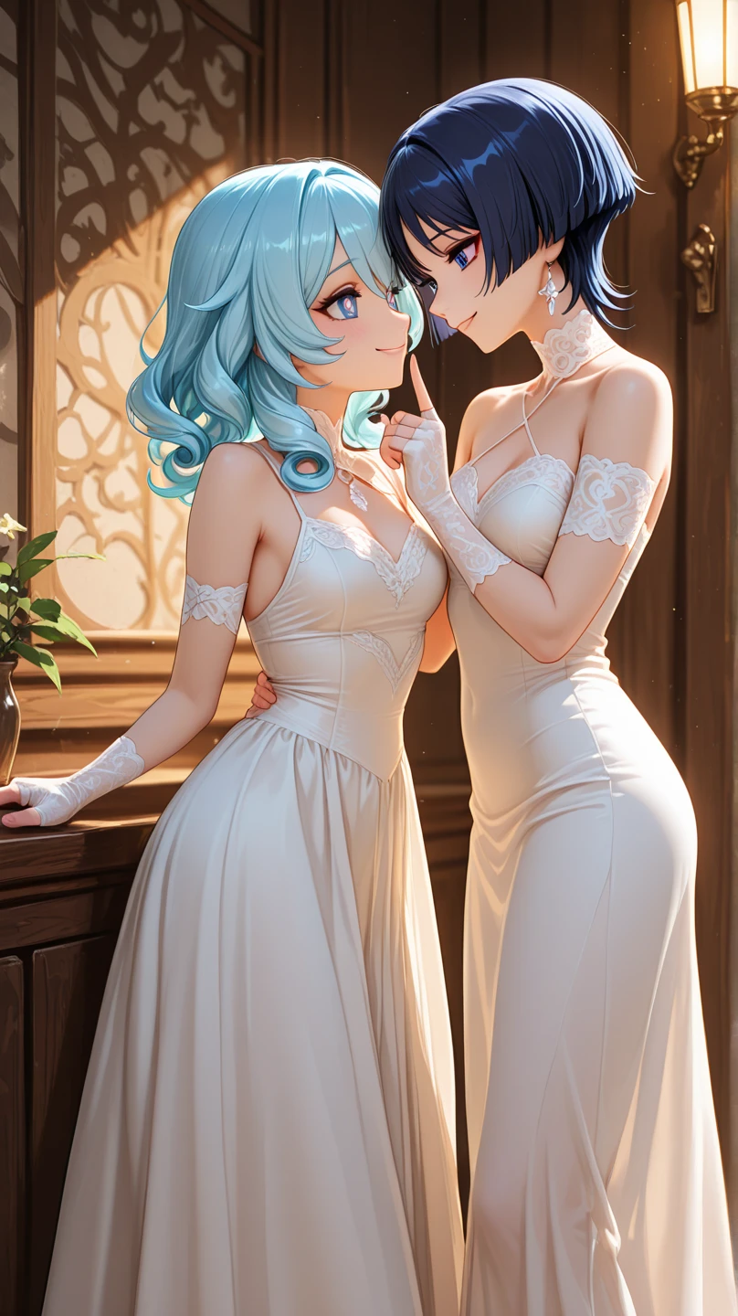 lucy \(cyberpunk\), ((colored hair, short hair, glowing blue eyes, wide eyes, lipstick, makeup, narrow waist, skinny, medium breasts, alone)), pelvic curtain, ((white dress,wedding dress, Scooped up the ass, gloves)), full body, perfect body, (insanely detailed, beautiful detailed face, masterpiece, best quality) , (((solo))), (((1girl))), (((mature))), (extremely detailed 8k paper CG wall unit: 1.1), (wedding, garden, night, moon), (smile face for the viewer), big ass, from back, behind