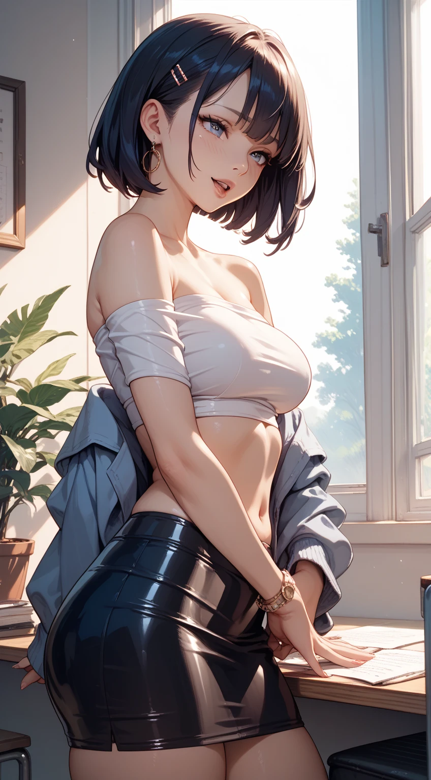 ((((masterpiece, best quality, high resolution)))), Extremely detailed 8K, Beautiful girl with slender body, (Ultra HD, Ultra-detailed, Highly detailed, Highly realistic, Ultra-realistic, photograph realistic), (1girl:1.5), (Realistic dark hair), short wavy hair, bob cut, (dynamic poses), facing at camera, light smile, (beautiful detailed face, beautiful detailed eyes), wide hips, (large breasts: 1.2), (huge breasts: 1.2), earrings, (white tank top, thin material), cleavage, dark jean shorts, glow, sweat, (sunbeam, sunlight)