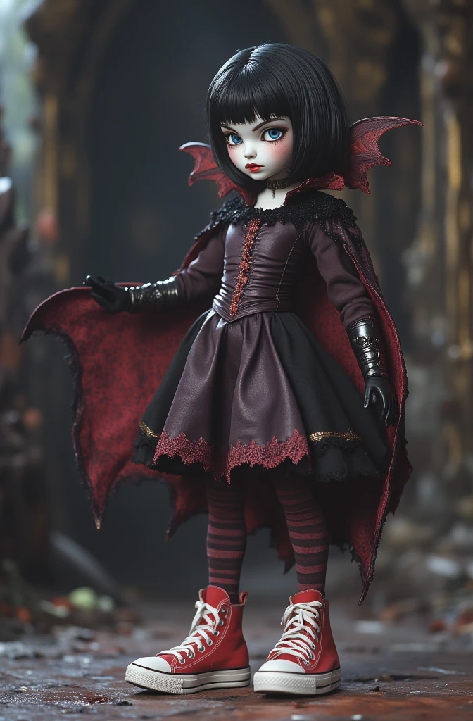 a young 9-year-old daughter of severus snape, Colorful , masutepiece, Best Quality, 1girl in, , Dark red hair, short hair, Evil Female Executive, Goth Lolita Costume, a miniskirt, White stockings, Large red ribbon, a choker, White inner, black clothes, Sadistic smile, evil smile, black boots, bat wings, , from below, looking at viewer, hairs between eyes, dark green eyes, shiny eyes, open mouth, teeth, fang, hand on own chest,