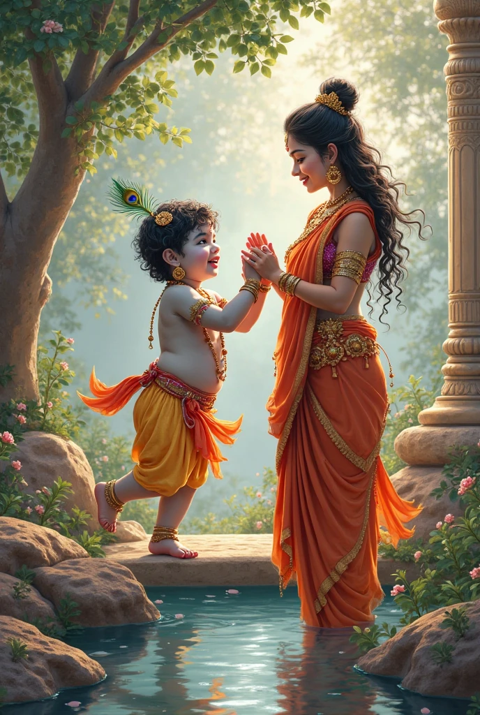 Generate a image of Lord krishna as child along with her mother yasodha