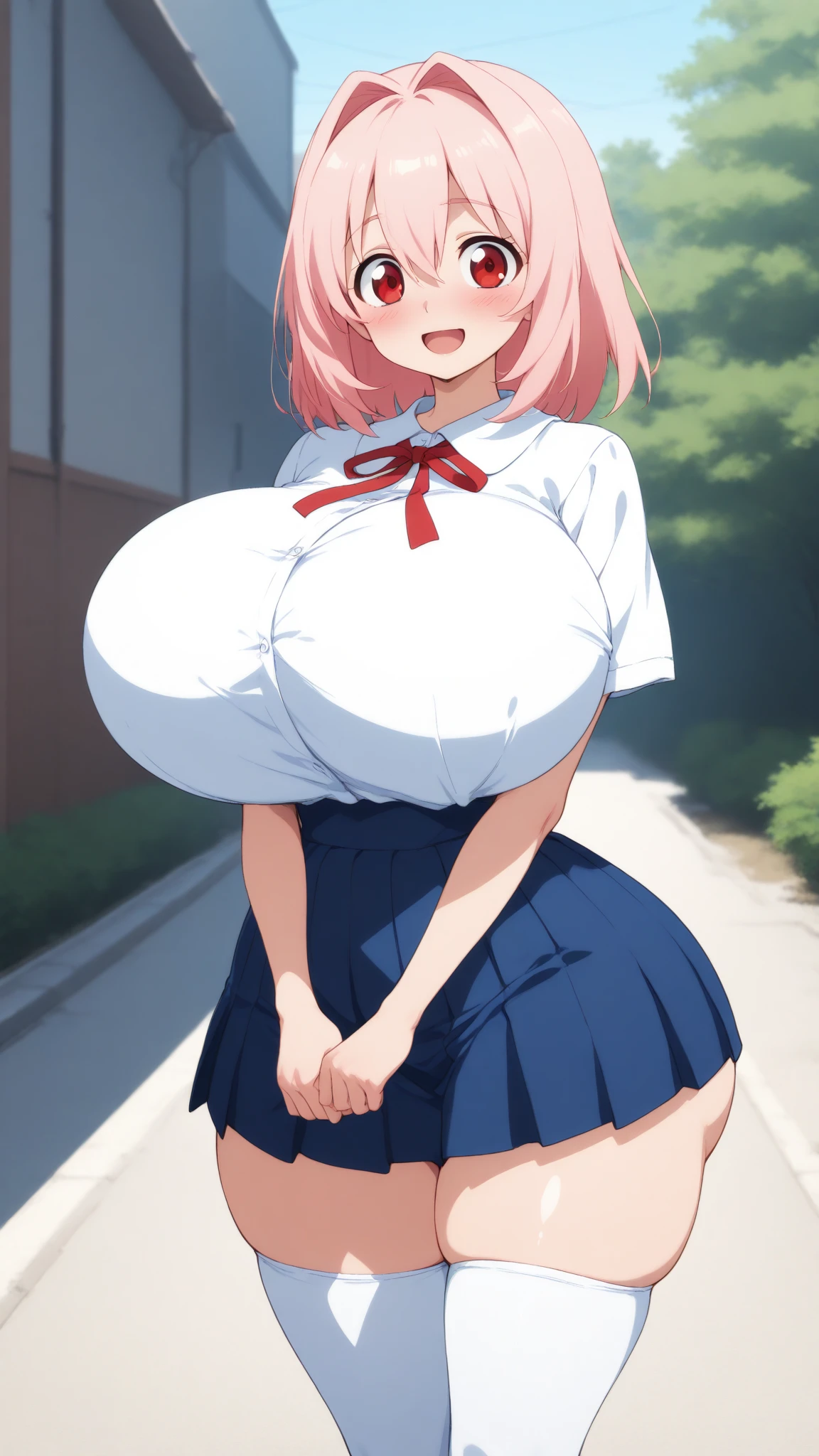 ((Last)), One person, Wide Hips, Outdoor, Tokyo Street, Perfect Face, Perfect Eyes, Perfect Skin, Thick thighs, View your audience, Cute Face, Cowboy Shot, Are standing, Improve, Huge breasts, One personで, long silky pink hair, White Tide Shirt, Cleavage, Kogal, Dark Skin, Blue pleated skirt, 浅Dark Skinの女性, belly button, Large Breasts, blush, blue eyes, belly button, big hoop earrings, Sexy pose, bracelet, jewelry, Twin tails, A light smile, ((Goto One personで,Improve))Browsing Caution,glamorous, blush, blushした, Tan Lines, Improve,Square hair ornament, clothes lift