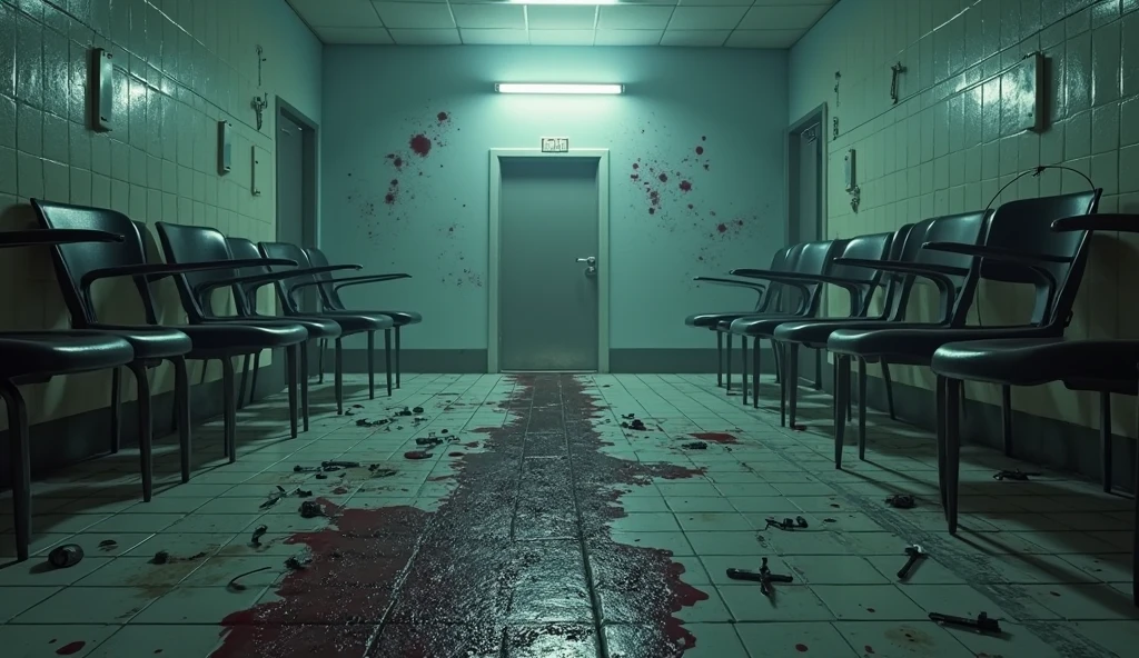 An abandoned hospital whose interior furniture is seen terribly broken walls and bloody stains on the walls