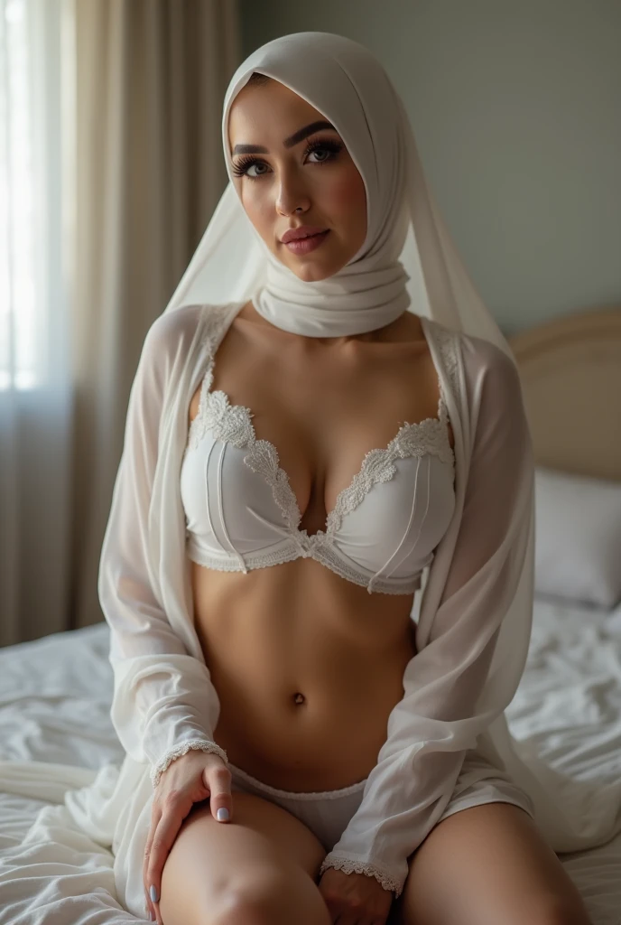 (best quality,4k,8k,highres,masterpiece:1.2),ultra-detailed,(realistic,photorealistic,photo-realistic:1.37),Cute soft feminine arabian iraqi with long eyelashes and rosy cheeks, wearing a pair of pink panties, sitting on a fluffy bed in their cozy bedroom. The room is adorned with pastel-colored walls, adorned with delicate floral wallpaper. Sunlight streams in through the lace curtains, casting a warm, soft glow on the scene. The arab.hijab. muslim silky hair falls delicately on their shoulders, reflecting the gentle sunlight. They are surrounded by fluffy stuffed animals and colorful pillows, adding to the whimsical and playful atmosphere. The room is filled with the sweet scent of flowers, creating a tranquil and serene ambiance. The femboy's captivating eyes sparkle with joy and innocence as they hold their favorite plush toy close to their heart. The scene is bathed in soft, pastel hues, emphasizing the femininity and tenderness of the moment. The soft and delicate lighting highlights the intricate details of the femboy's features, bringing them to life in the artwork.