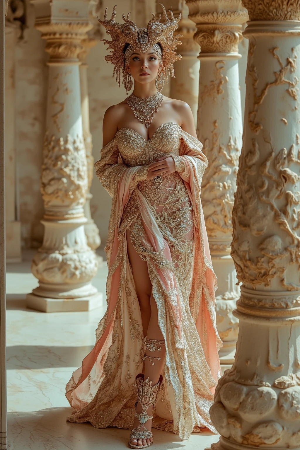 Journey to the vibrant streets of Jaipur, where tradition meets modernity in a fashion spectacle like no other. Picture a professional photographer capturing the essence of a model amidst the colorful chaos of the Pink City.
The upper dress commands attention with a daring, cleavage-enhancing tank top in a striking hue, paired unexpectedly with a mini-jacket adorned with intricate embroidery, adding a touch of regal elegance. Meanwhile, the lower dress introduces a playful twist with a floral skirt that sways with every step, revealing glimpses of a delicate lace panty, creating a captivating contrast of styles.
Under the cinematic light of the Jaipur sun, the model strikes a pose that exudes confidence and grace against the backdrop of bustling bazaars and majestic forts.
Shot in perfect 8K resolution, the super-realistic images capture the vibrancy of Jaipur's streets and the fusion of traditional charm with contemporary flair. This fashion narrative unfolds, showcasing the model as a modern-day princess in the midst of a bustling cityscape, where every corner tells a story of culture, heritage, and style